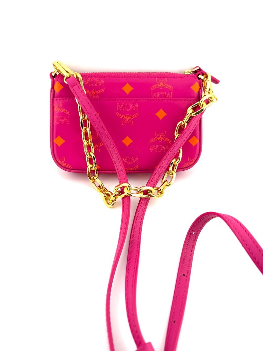 Brand New MCM Fuchsia and Orange Monogram Crossbody with Gold Chain